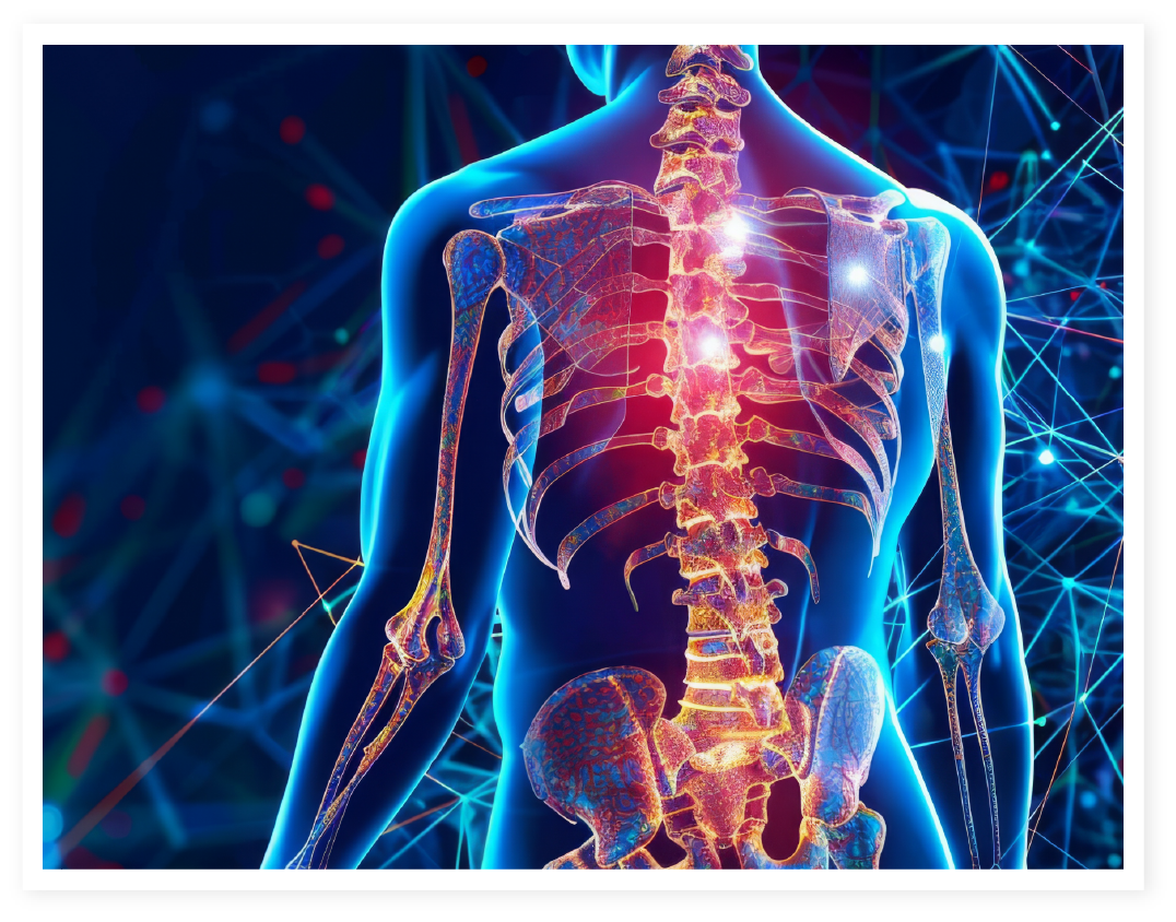 Digital rendering of the human spine, ribs, and pelvis shown from the back with highlighted nerve pathways.