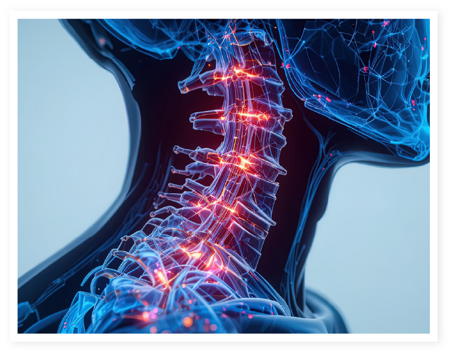 Digital rendering of the human spine and neural pathways with highlighted nerve signals.