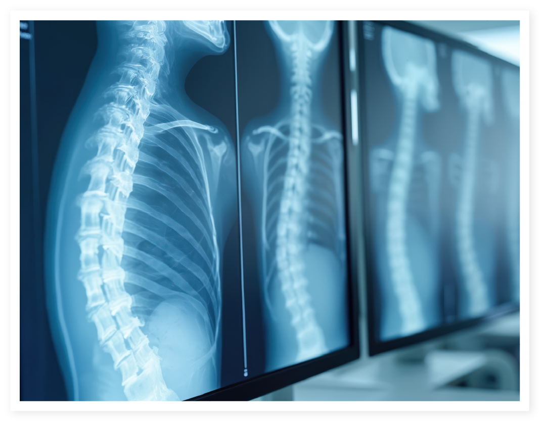 Multiple medical monitors displaying spinal X-ray images in a clinical setting.